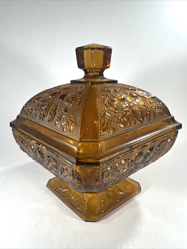 Jeanette Amberina Lidded Candy Dish Box Carnival Glass Acorn Pattern