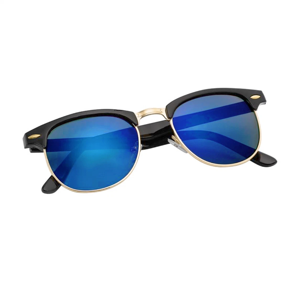 Sonnenbrille Blau Spiegel Schwarz Rahmen UV400 Gläser Herren Damen Retro Vintage