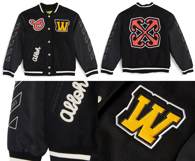 OFF-WHITE KIDS BLACK VARSITY BOMBER Jacke Jacket Parka Patches Blouson 12 Years