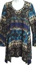 Win Win Womens Blouse S M Flare Bottom Tunic Knit Bell Sleeve Blue Sharkbite