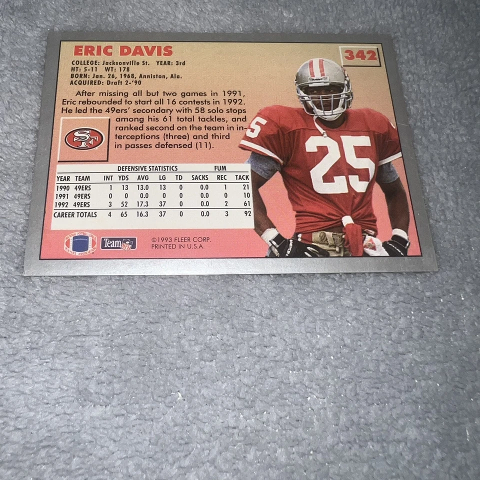 Vintage 1993 NFL Eric Davis Fleer Sports Trading Card 342 San Francisco 49ers - Image 4 of 4