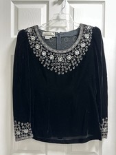 Argenti Notte Vintage Black Velvet Beaded Sequin Evening Blouse Top Small