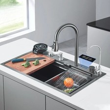 Waterfall Sink Kitchen StainlessSteel Topmount Sink Large Single Slot Wash Basin