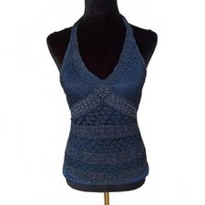 Y2K Say What Halter Tank Top Boho Festival Beaded Mesh Teal Women's Size Medium