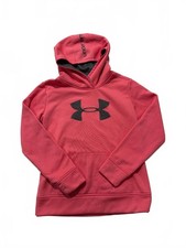 Under Armour Girls Youth Large Coral Pink Big Logo Fleece Pullover Hoodie YLG