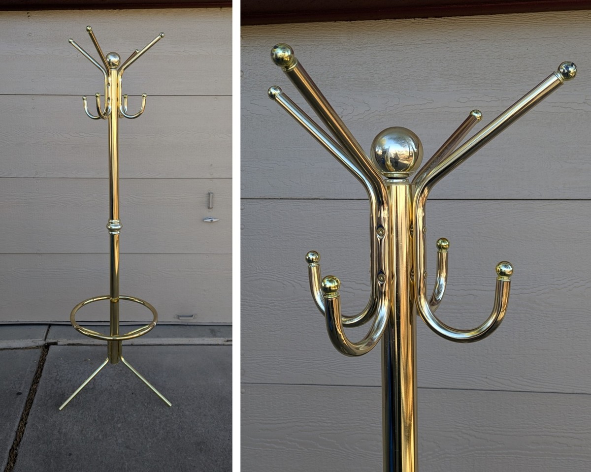 Vintage Hollywood Regency Gold Brass Tone Metal Coat Rack Hall