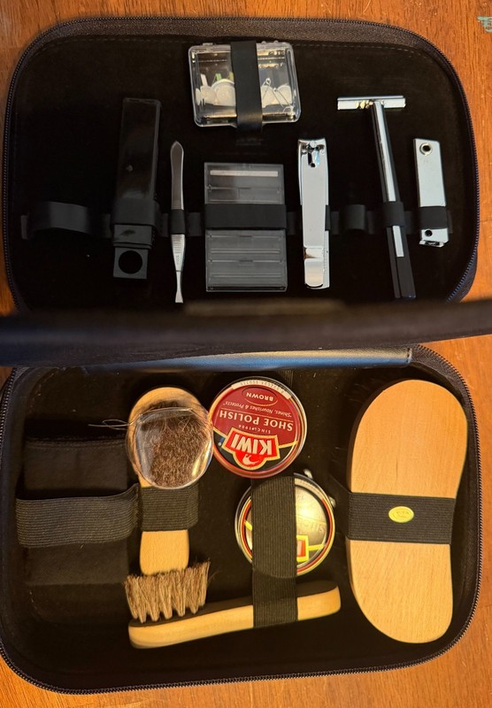 Vintage Mens Travel Grooming Shoe Shine Kit Shaving Sewing Polish Case Toiletry