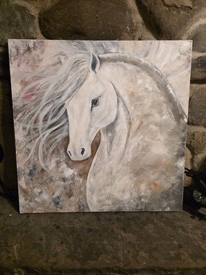Original Large 36''x36''x 2'' Canvas White Horse Equine Oil Painting OOAK SIGNED 