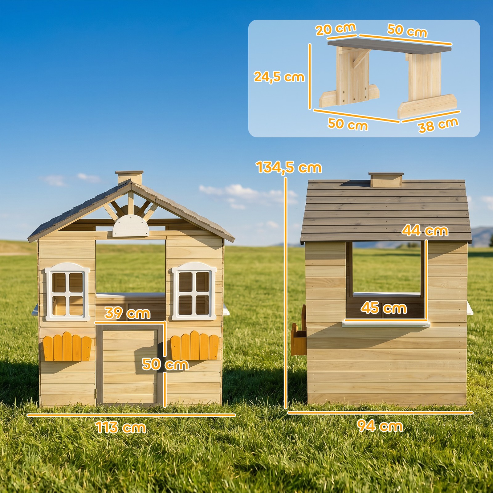 Outsunny Spielhaus für Kinder Holz Kinderspielhaus mit Briefkasten Fenster Natur