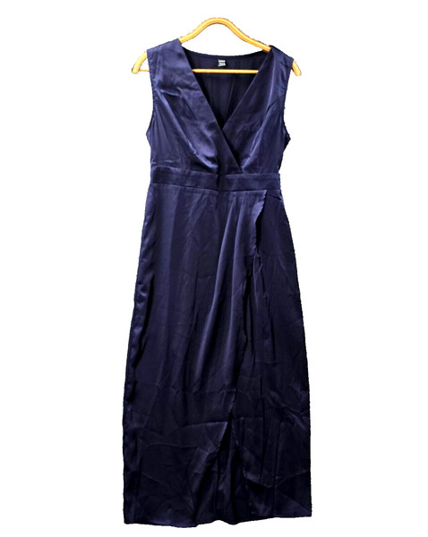 Shein Dress Womens Midi Wrap Size L Navy Blue Satin Sleeveless V-Neck