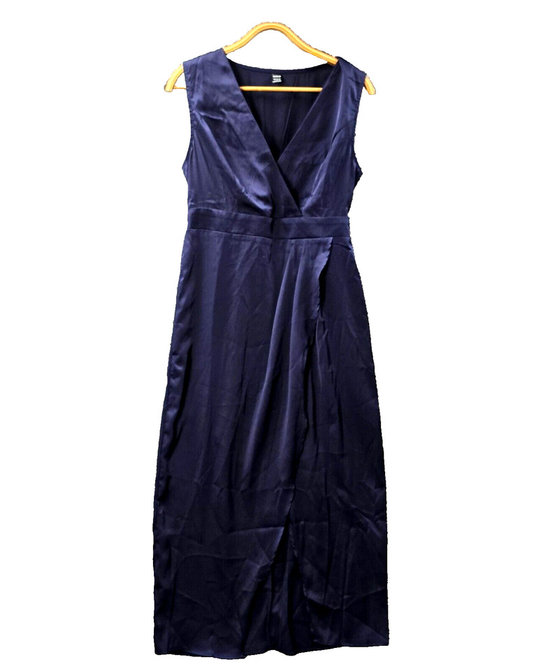 Shein Dress Womens Midi Wrap Size L Navy Blue Satin Sleeveless V-Neck