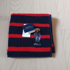 Polo Bear Ralph Lauren Towel Handkerchief, Navy Blue and Red Striped, 100 Cotto