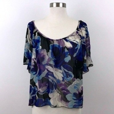Love 2 Love Top Women Medium Sheer Floral Crochet Back Cold Shoulder Hi Lo Hem