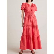 Quince Women's Large 100% Organic Cotton Poplin Tiered Maxi Dress Coral Pockets