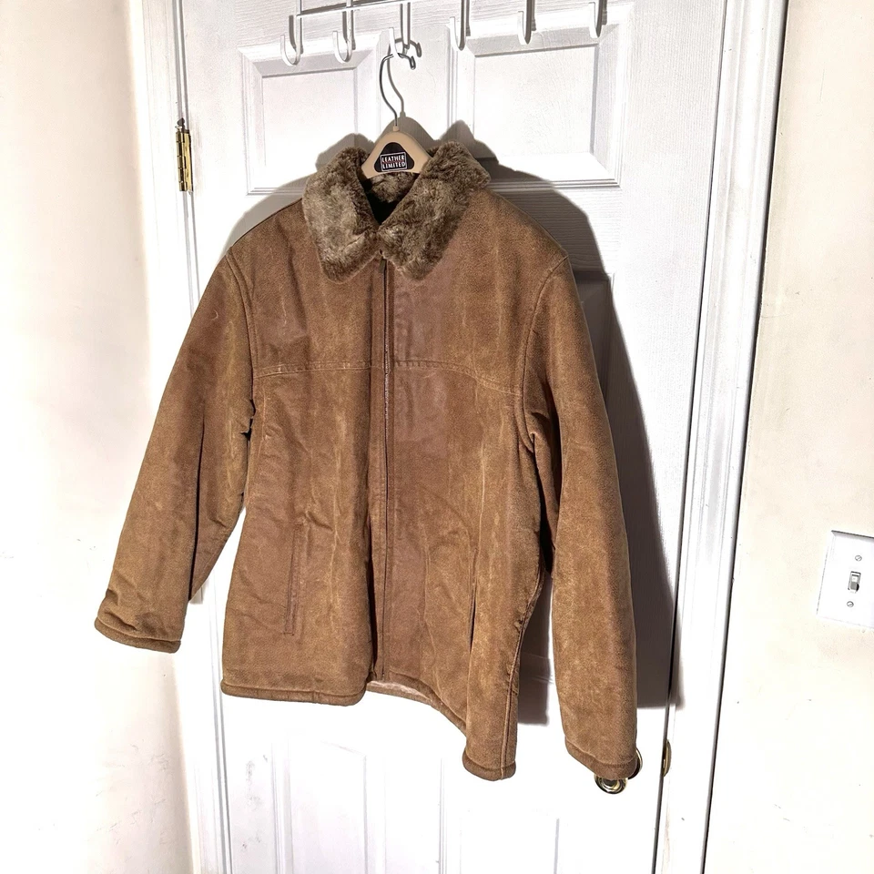 F.R. Tripler Men’s Suede Shearling Jacket Brown Fur Collar Zip Up Winter Coat XL - Image 2 of 4