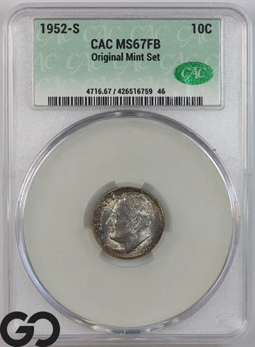 1952-S Roosevelt Dime, Full Bands, CAC MS-67 FB ** From Original Mint Set, Color