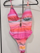 Striped Multicolor One Piece Swimsuit Cut-Out High Cut Padded Adjustable L