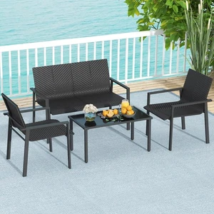 4 PCS Patio Furniture Set Heavy Duty Galvanized Metal Frame Wicker Table Black