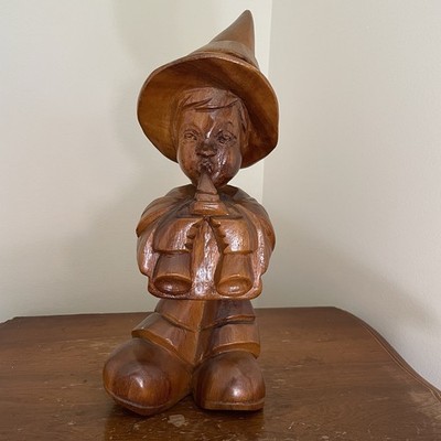 Wooden Hand Carved Statue Shepherd Boy Playing Double Flute 12 1/2 IN Tall