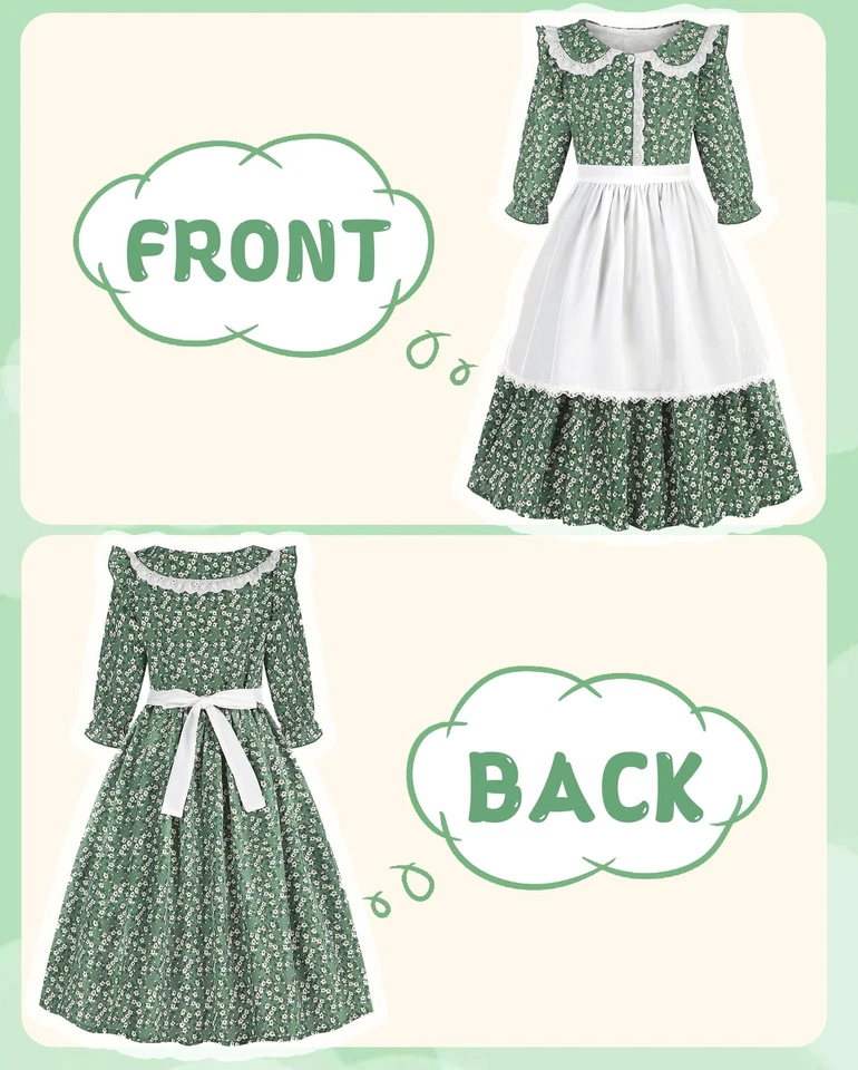 Vestido Colonial Pradera para Niñas con Delantal y Gorro - Diseño Floral, Verde Foto 2 de 4