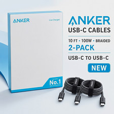 Anker USB-C to USB-C USB Cable 10 ft 100W Braided Black 2-Pack