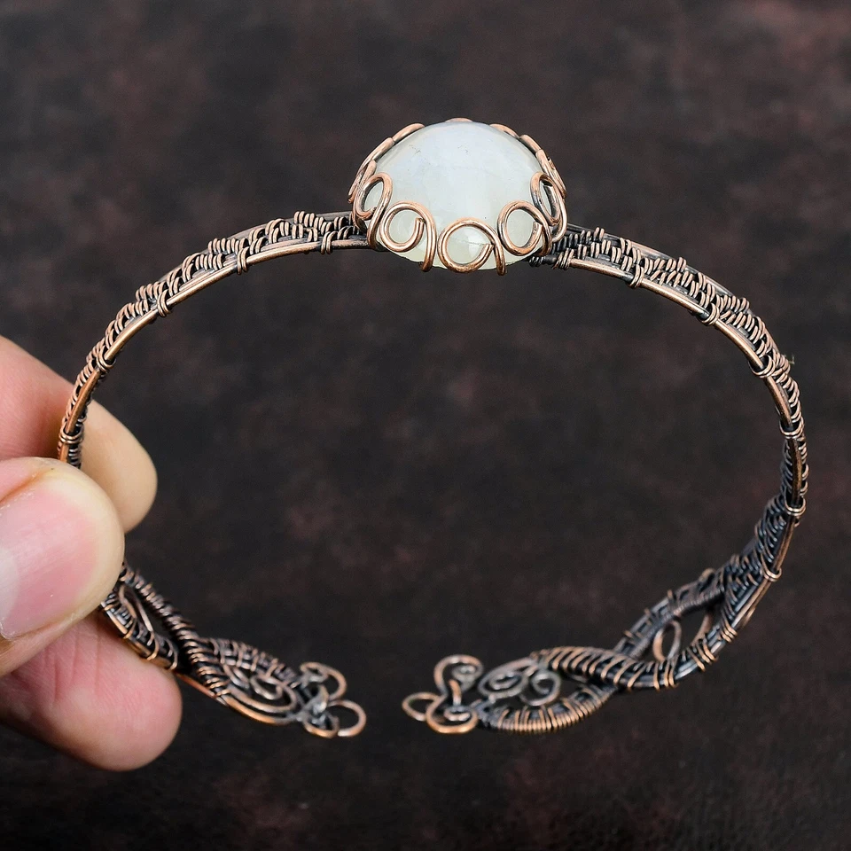 Rainbow Moonstone Wire Wrapped Adjustable Bangle Handcrafted Copper Gift - Image 4 of 4