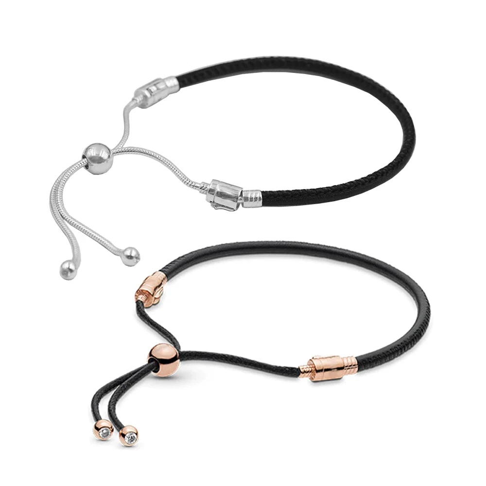 925 Sterling Rose Gold Silver Plated Black Leather Slider