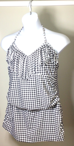 4XL Bathing Swim Suit 1 Piece Black White Check Pattern Fringe Neckline Skirt - Picture 13 of 13