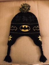 Batman Knit Fleece Lined Winter Hat Cap Beanie Earflaps Youth Pom