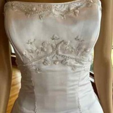 White Satin Empire Waist Beaded Embroidery Wedding Dress Bridal Gown Size 8