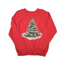 Vintage 80s Christmas Tree Crewneck Sweatshirt Sz XL USA MADE Red Bunnies Snow