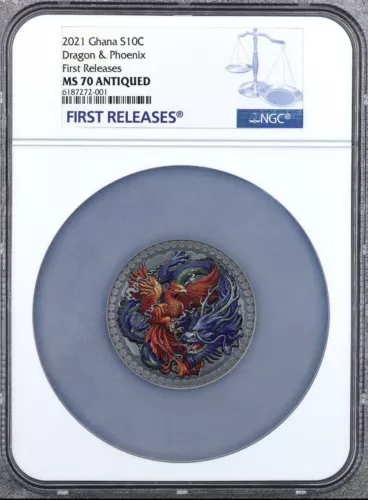 NGC MS70 FR Phoenix and dragon 50g high relief silver coin antiqued Ghana 2021