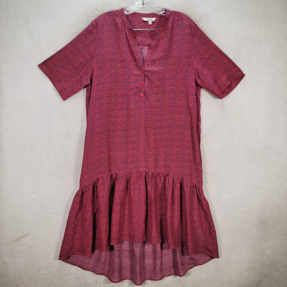 Vestido Tucker Rojo Seda Estampado Cintura Caída Volantes Hi Lo Laura Midi Mujer Talla M Foto 4 de 4