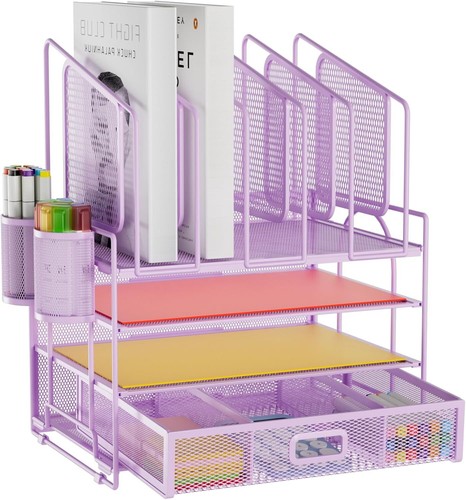 Desk Organizers, 4-Tier Mesh Desk File Organizer with 5 Vertical File Holders