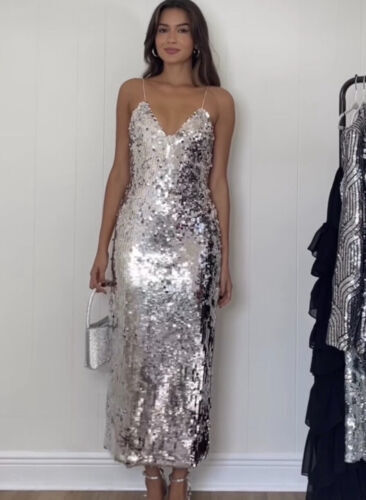 NEW ZARA WOMAN PINK SILVER STRAPPY LONG SEQUIN DRESS ALL