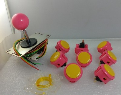 Set of 8 pcs Japan Sanwa Mix Pink Yellow Buttons & Black Joystick & GTY Parts