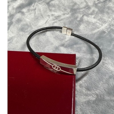 Gucci Interlocking Black Leather Mens Bracelet Sterling Silver 774464 JAAFW 8103