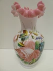 ANTIQUE VICTORIAN PINK WHITE MILK GLASS RUFFLED VASE PAINTED FLOWERS DRAGONFLY