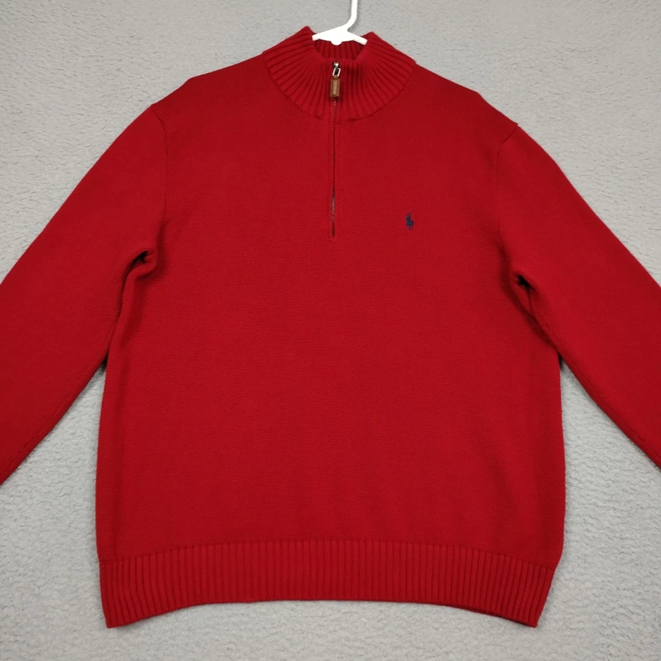 Polo Por Ralph Lauren Suéter Para Hombres XL Rojo 1/4 Cremallera Cuello Simulado Tejido Algodón Pullover Foto 2 de 4