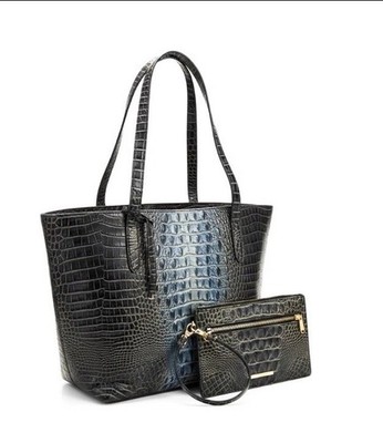 Brahmin Misha Carryall XL Tote x wallet Wristlet deep blue croc leather handbag