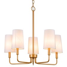 Chandelier, Muted Gold with White Fabric Shade, Farmhouse Linear Island Lighting