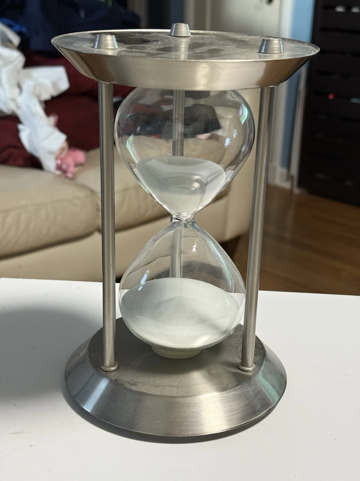 Large Hourglass Silver Brushed Metal Sand Timer 60 Minutes 5x6x9 White Sand
