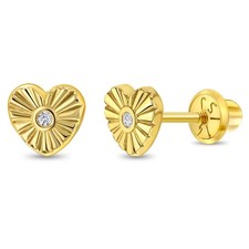 14k Gold Heart Rays Clear CZ Kids / Children / Girls Earrings Safety Screw Back