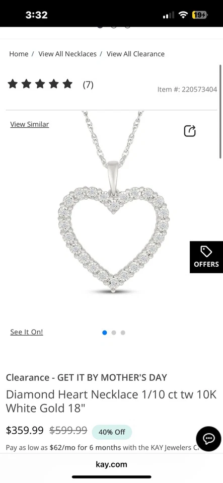 Collar Corazón Diamante 1/10 ct tw Oro Blanco 10KW Foto 2 de 3