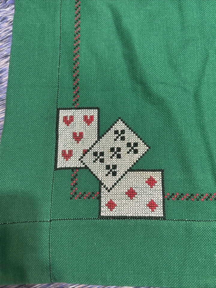 Vintage Poker Card Table Cover Green With Hand Stitched Playing Cards 38x38 - Image 2 of 4