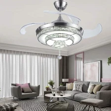 Remote Silver 42"Crystal LED Chandeliers Retractable Blades Ceiling Fan Light