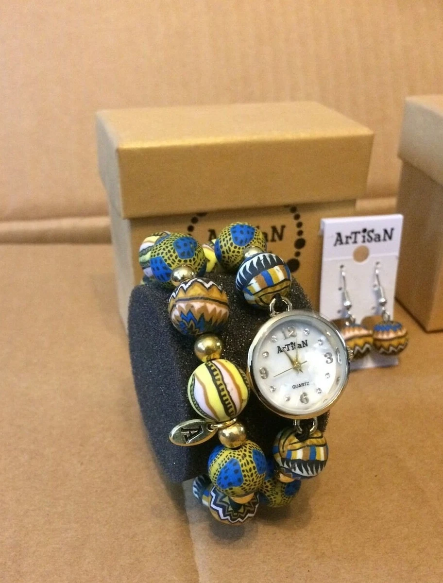 ARTISAN BEADS WATCH BRACELET EARRINGS GIFT SET RRP 39.99 GOLD
