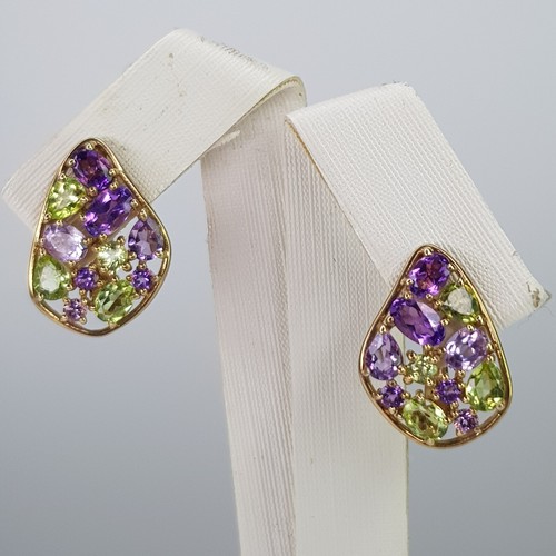 Gold Plated Sterling Silver Amethyst Peridot Cluster Gemstone Earrings 16mm - Picture 15 of 17
