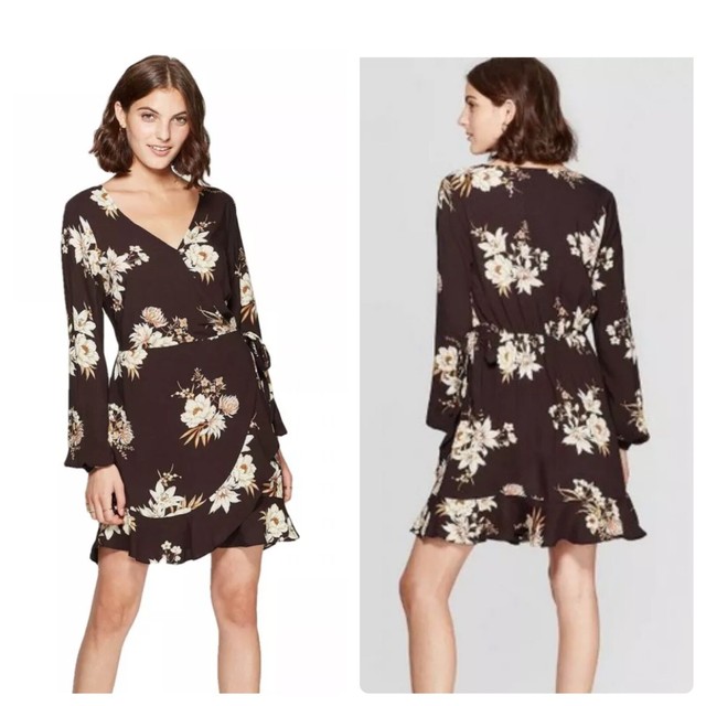 black long sleeve wrap mini dress