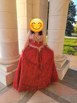 red dress with gold trim Red and Gold Ball Gown Prom Dress Size 24W / Red